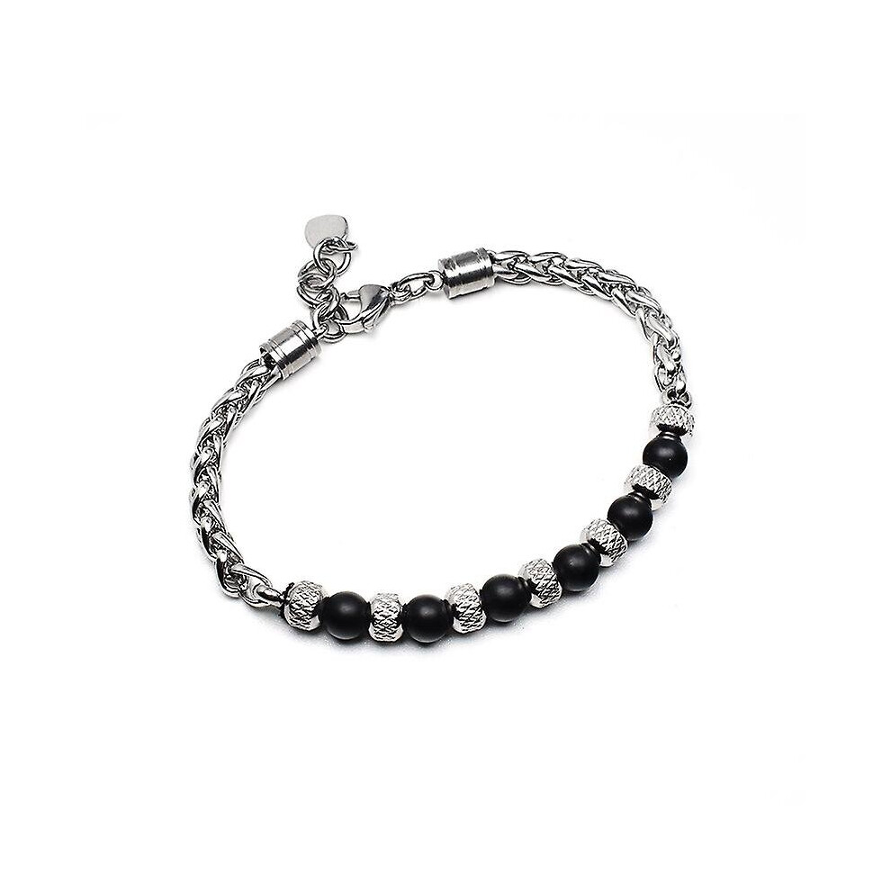 (Black) Tiger Eye Bead Bracelet Adjustable Stainless Steel Metal Chain For Men Jewelry