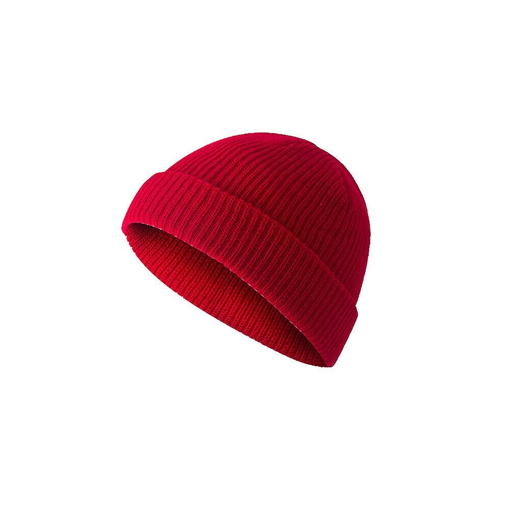 (Red) Beanie Cap Knit Fisherman Cap Winter Wool Hat Ribbed Beanie Cap Warm Retro Hat