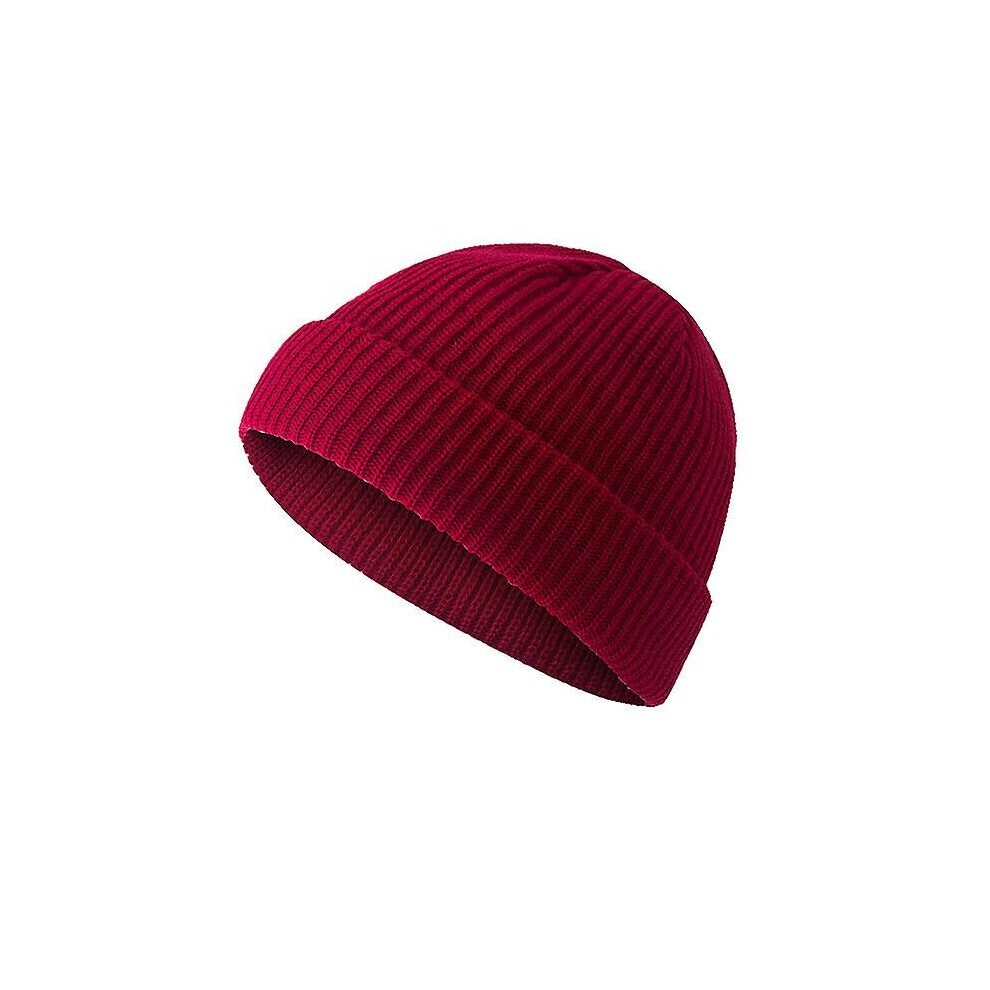 (Wine Red) Beanie Cap Knit Fisherman Cap Winter Wool Hat Ribbed Beanie Cap Warm Retro Hat