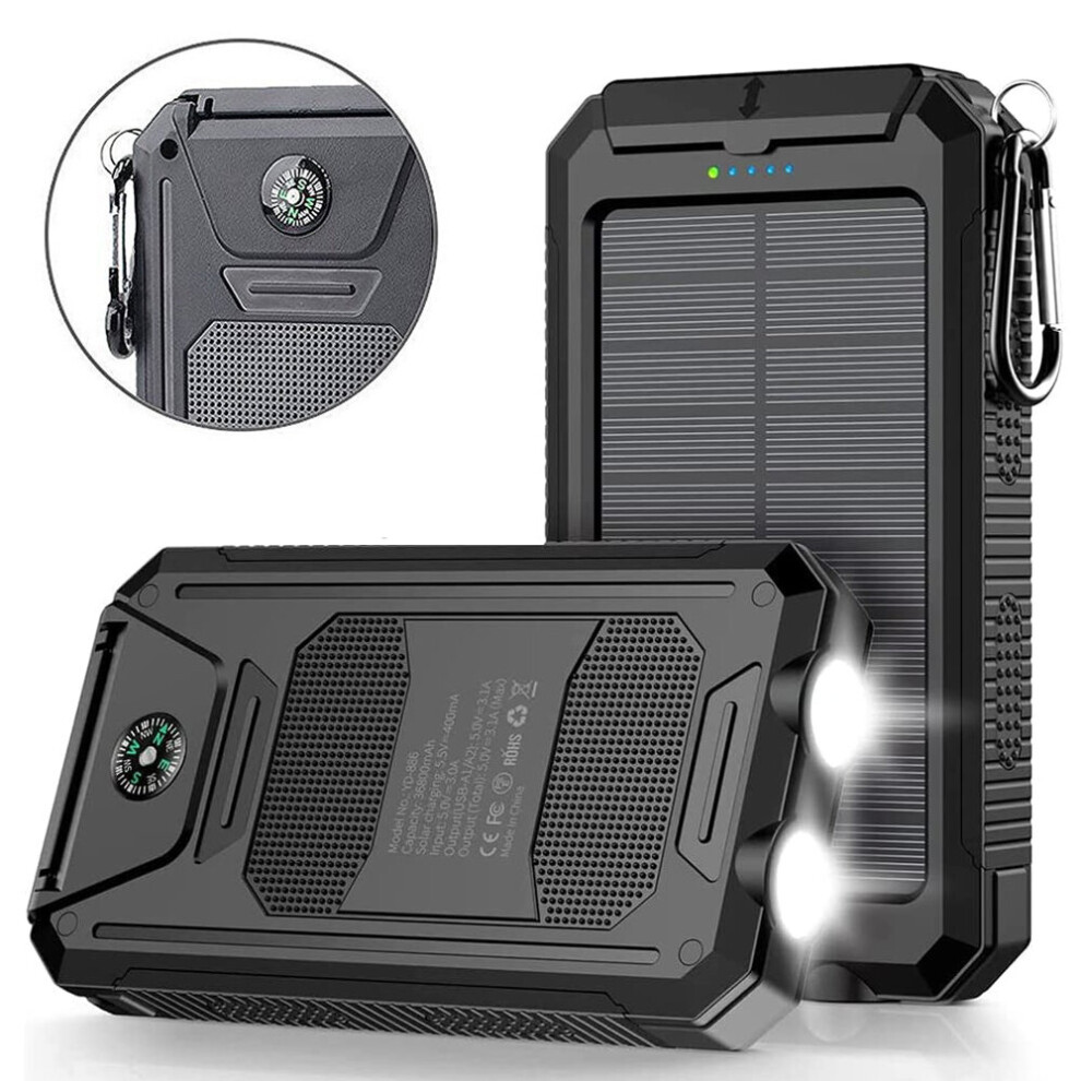 Solar Power Bank, 30000mAh Dual USB Power Charger with LED Lights