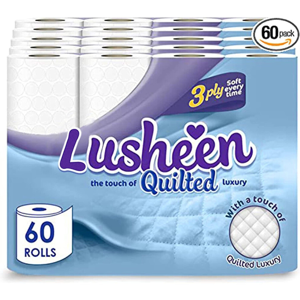 Lusheen White  Unscented 3 Ply Quilted White Toilet Rolls - 60 Rolls