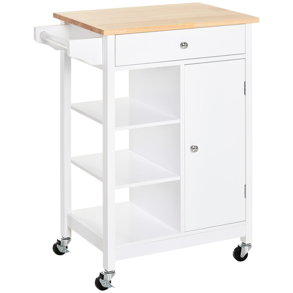 Rackhams White Kitchen Trolley, Kitchen Island On Wheels, W/ Wood Top, 3 Shelves And Storage Cupboard, - Natural Wood - Image 5
