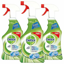 Dettol Mould & Mildew Remover Spray 3 x 750ml — Powerful Bleach, kills 99.9% bacteria & viruses, no scrubbing, ideal for tiles, grout, chrome