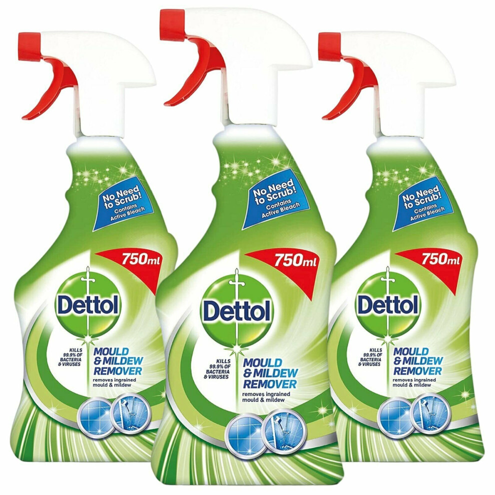 Dettol Mould & Mildew Remover Spray 3 X 750Ml — Powerful Bleach, Kills 99.9% Bacteria & Viruses, No Scrubbing, Ideal For Tiles, Grout, Chrome