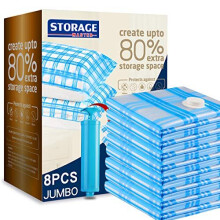 Storage Master Vacuum Storage Bags, 8-pack Jumbo Size Space Saver Bags 80% More Storage Space Work with Vacuum Cleaner + Hand Pump (Jumbo 8 Pack)