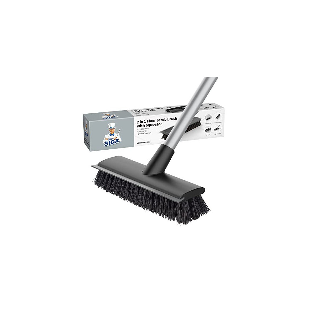 Mr.siga Floor Scrub Brush With Long Handle, 2 In 1 Floor Scrubber And Squeegee For Cleaning Bathroom, Patio, Garage, Wall, Tile Scrub Brush With Stiff