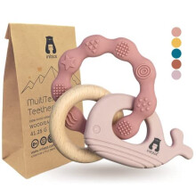 Infatot MultiTexture Teething Toys for Baby, BPA Free Silicone Easy to Hold Toy with Wooden Teether. Animal Teethers for Newborn & Babies 3 4 6 12