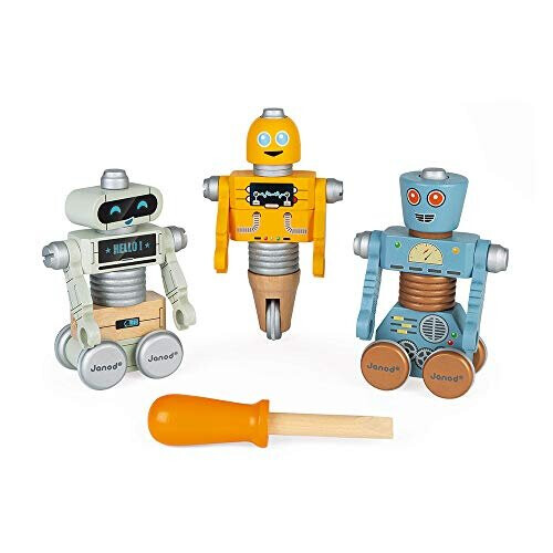 Janod Janod - Brico'Kids Wooden Robots - Construction Toy - Teaches Fine Motor Skills and Imagination - Ages 3 and Up, J06473