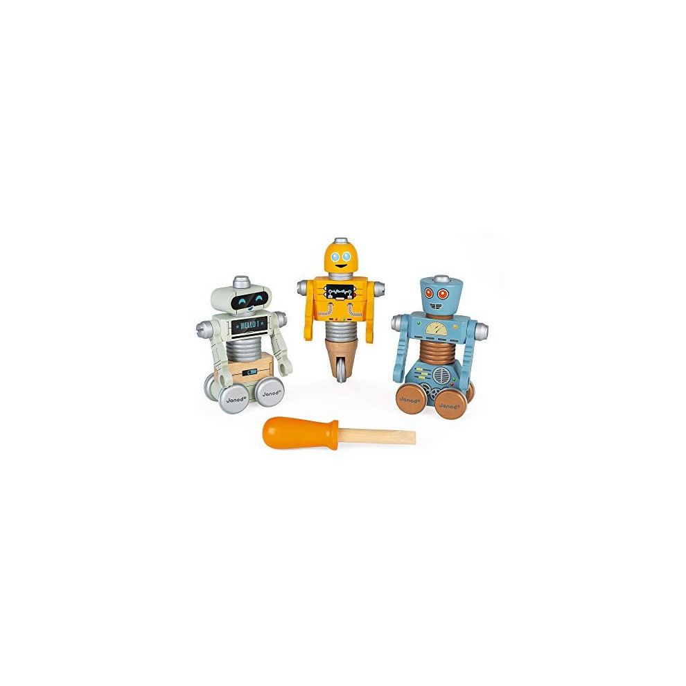 Janod - Brico'Kids Wooden Robots - Construction Toy - Teaches Fine Motor Skills and Imagination - Ages 3 and Up, J06473