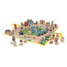 Paddington Bear 1358 57-Piece Wooden Vehicle Play Set, Includes 43 Wooden Figures, 8 Track Pieces, 5 Vehicles and 1 Fold Up Storage Bag, Age 3+ Years.