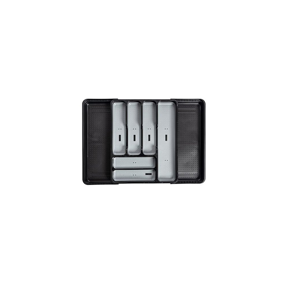 Addis Extendable Premium Soft Touch 6 To 8 Compartment Cutlery Utensil Drawer Organiser Tray, & 6-8 Sections Black/Grey