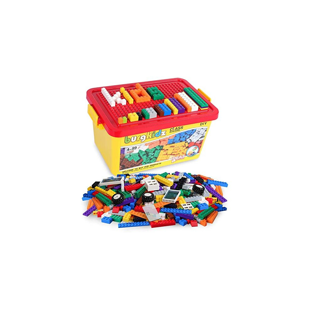 Building Bricks 520 Pieces Set, 500 Basic Building Blocks in 17 Shapes Includes Wheels, Door, Window, Bulk Block with Reusable Storage Box and