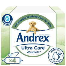 Andrex Ultra Care Washlets - 4 Packs - 144 Moist Toilet Tissues - Soothing Care For Skin - Wet Wipes Contain Aloe Vera and Probiotics - Certified