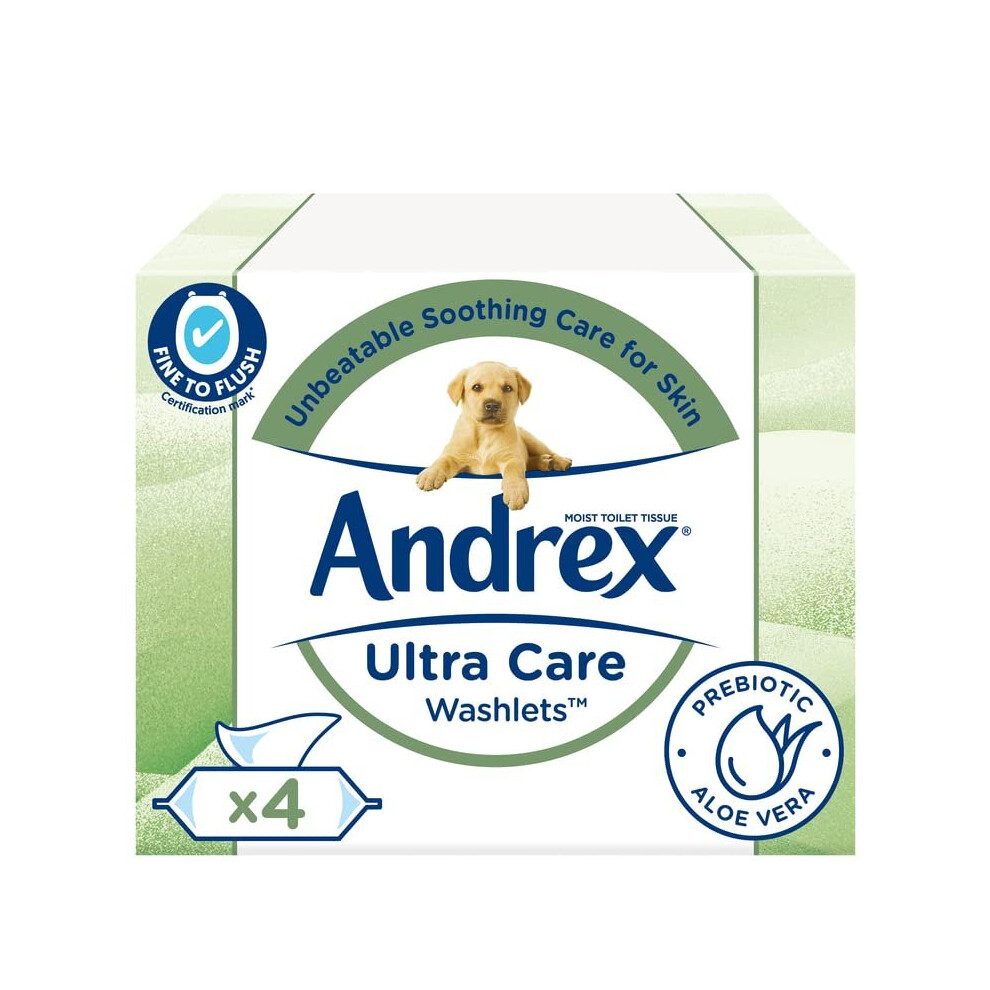 Andrex Ultra Care Washlets - 4 Packs - 144 Moist Toilet Tissues - Soothing Care For Skin - Wet Wipes Contain Aloe Vera and Probiotics - Certified