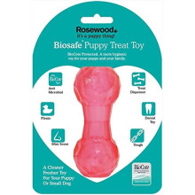 Rosewood tough puppy toy dumbbell shaped treat dispenser dog toy for small dogs and puppies made of tough material, mint scented, pink