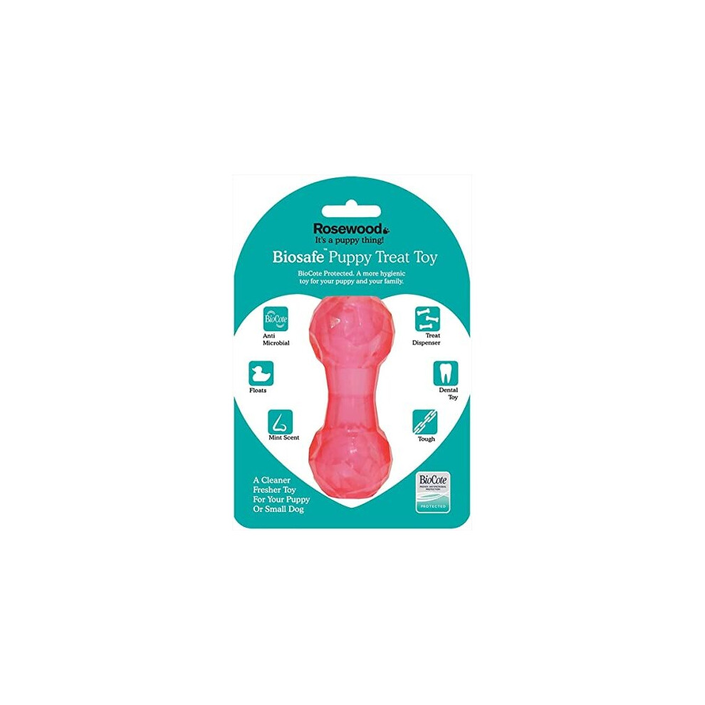 Rosewood tough puppy toy dumbbell shaped treat dispenser dog toy for small dogs and puppies made of tough material, mint scented, pink