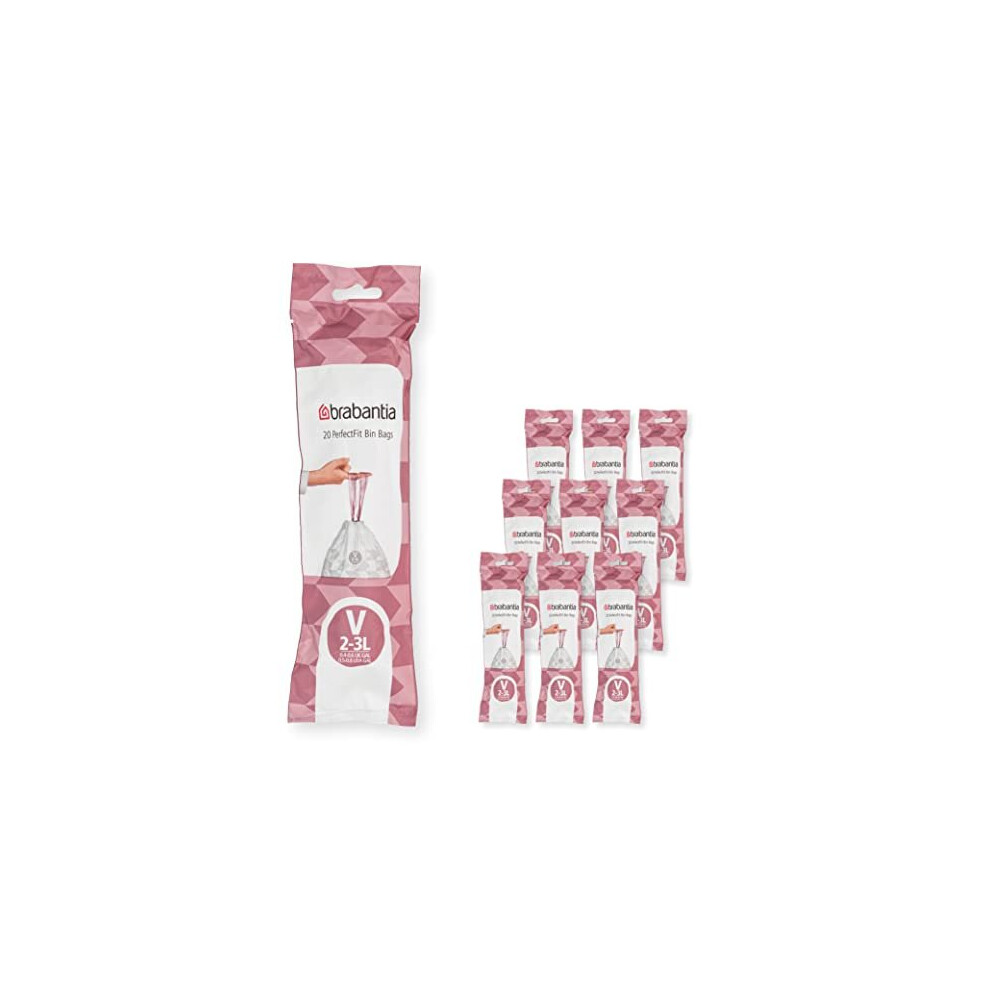 Brabantia 137686 PerfectFit Bin Liners Multipack (Size V/2-3 Litre) Thick Plastic Trash Bags with Tie Tape Drawstring Handles (200 Bags), White