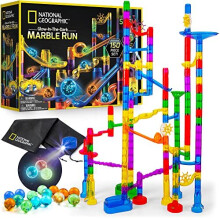 National Geographic Glowing Marble Run â 150 Piece Construction Set with 30 Glow in the Dark Glass Marbles, Mesh Storage Bag, Great Creative STEM