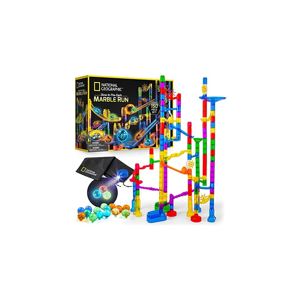 National Geographic Glowing Marble Run Ã¢ 150 Piece Construction Set with 30 Glow in the Dark Glass Marbles, Mesh Storage Bag, Great Creative STEM