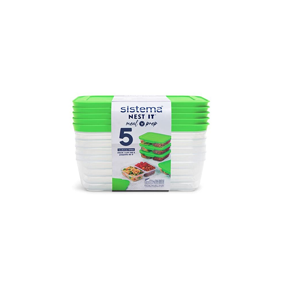 Sistema Nest It 870 Ml Meal Prep Containers - Airtight, Bpa-Free With Compartments & Lids - 5 Count | 59165 Green