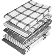 Elfranso 100% Cotton Tea Towels Set - Pack of 5, 70x50 cm, Absorbent, Lint-Free, Grey & White Stripe