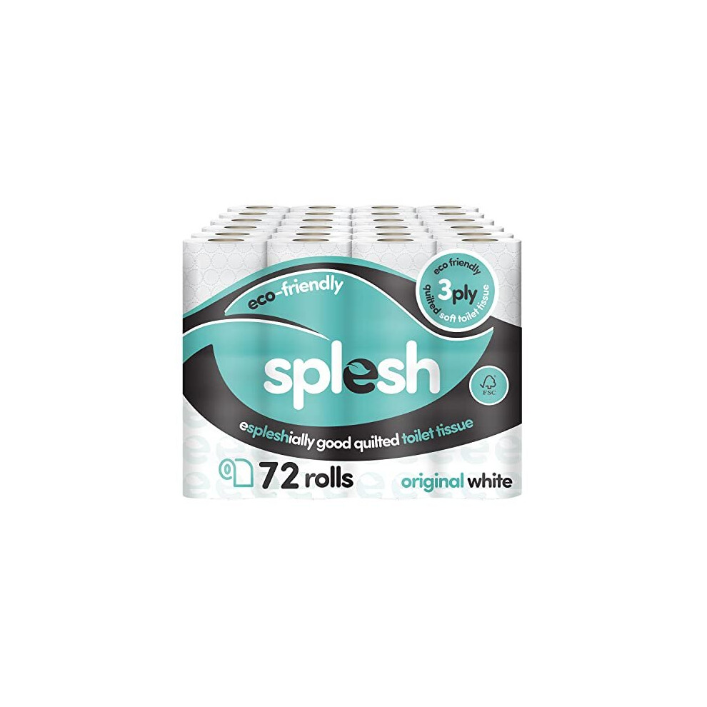 Cusheen Splesh By Toilet Roll Bulk Buy (72 Toilet Rolls) - Eco-Friendly, Soft & Quilted 3-Ply Toilet Paper, Made From Sustainably Sourced Pulp White