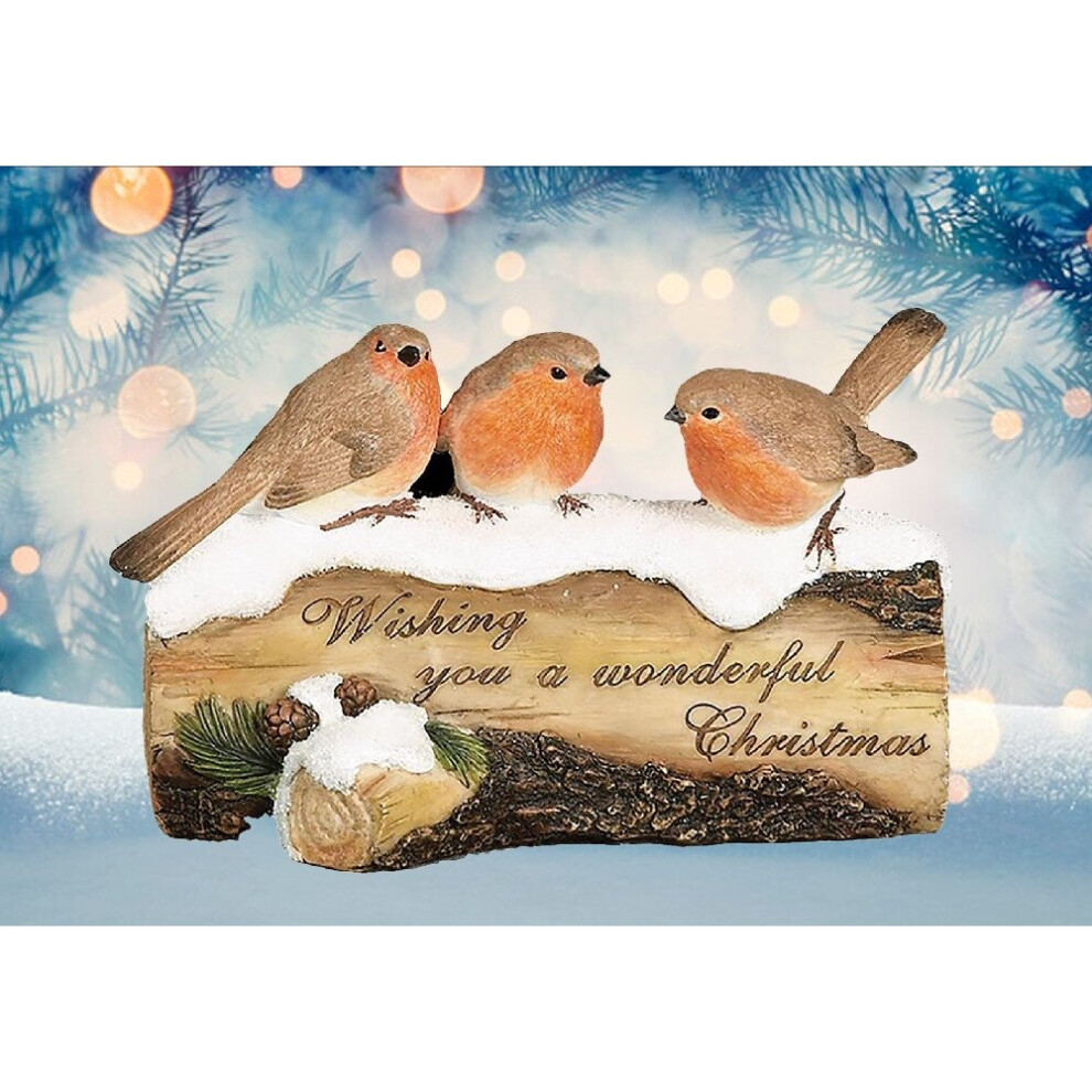 Robins On Log Christmas Ornament Window Mantlepiece Decoration 19cm