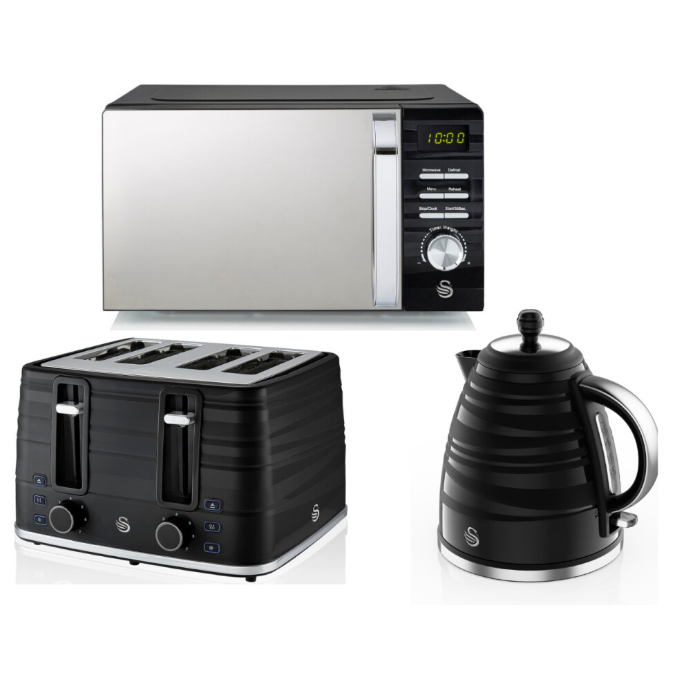 Swan Symphony Black Kettle, 4 Slice Toaster & Digital Microwave