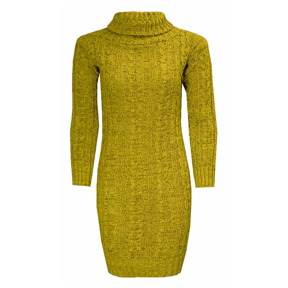 (Mustard, SM (UK 8-10)) Women's Polo Neck Cable Knitted Jumper Ladies Bodycon Long Sleeve Tunic Dress UK