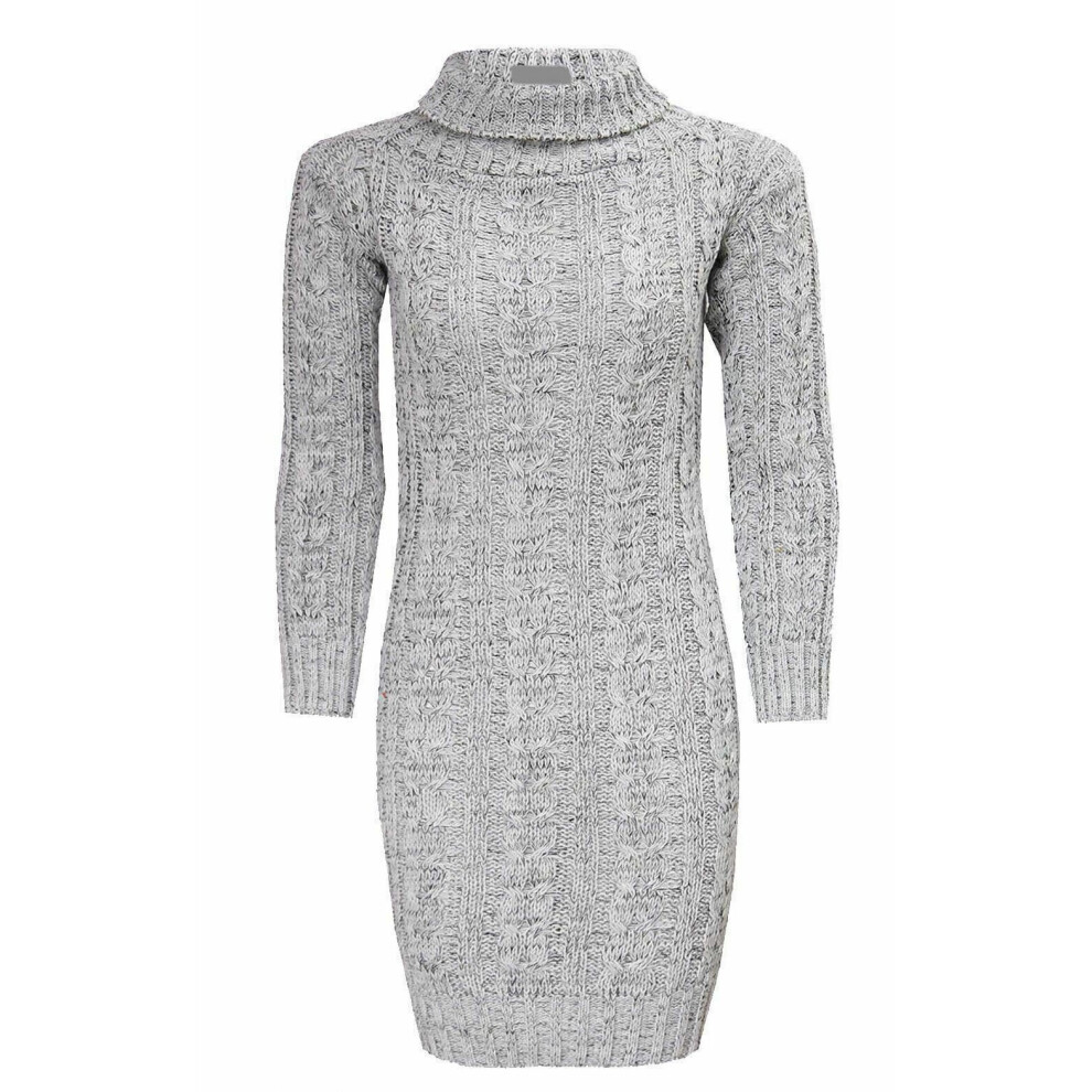 (Silver, SM (UK 8-10)) Women's Polo Neck Cable Knitted Jumper Ladies Bodycon Long Sleeve Tunic Dress UK