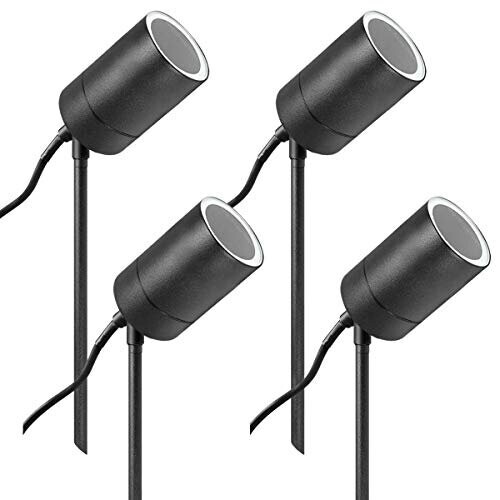4 x Garden Outdoor Spike Light Mains Powered Black Finish Stainless Steel Water Resistant Ground