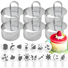 Daily Treasures 6 Pack Cooking Ring Set,Stainless Steel Cake Rings with Pusher + 16 Pieces Printing Molds Stencils,Mini Round Cake Molds for Cook