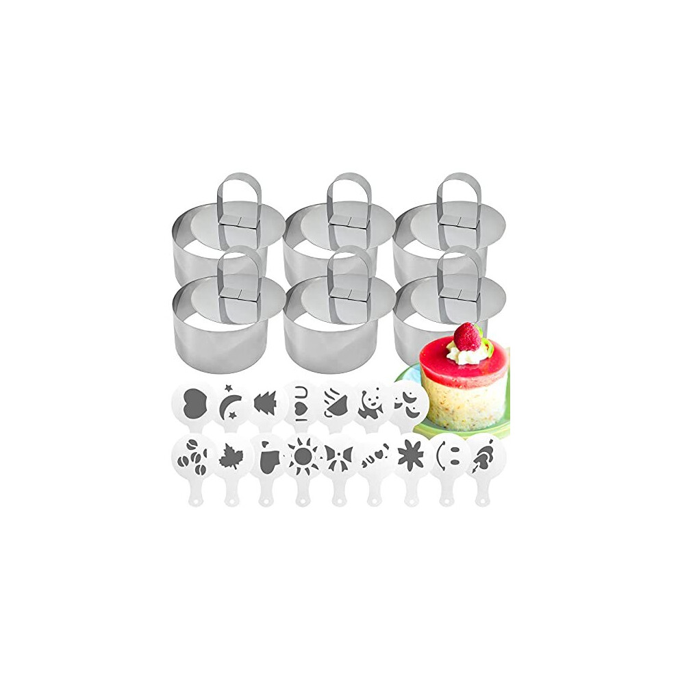 Daily Treasures 6 Pack Cooking Ring Set,Stainless Steel Cake Rings with Pusher + 16 Pieces Printing Molds Stencils,Mini Round Cake Molds for Cook
