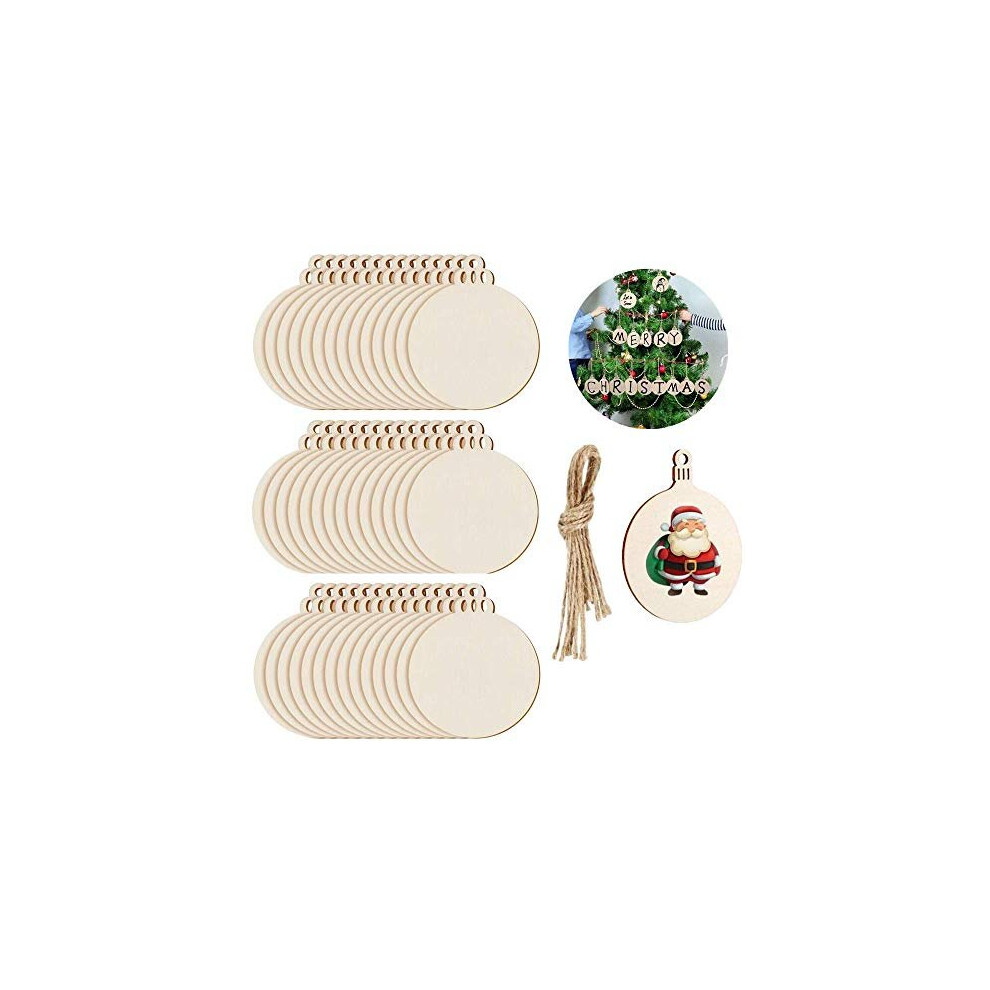 TOKERD 100 Pcs Round Wooden Baubles Hanging Craft Wood Slice Natural Christmas Wooden Ornaments Baubles Unfinished Blank Wooden Shapes Embellishm