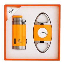 PIPITA Cigar Torch Lighter Triple Jet Flame Torch Lighter with Punch and Cigar Cutter Set, Windproof Refillable Buntane Lighter (Without Gas) (Ye