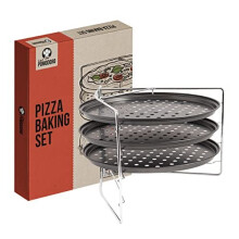 Chef Pomodoro Pizza Baking Set with 3 Pizza Pans and Pizza Rack, Non-Stick Perforated Pizza Trays, for Oven