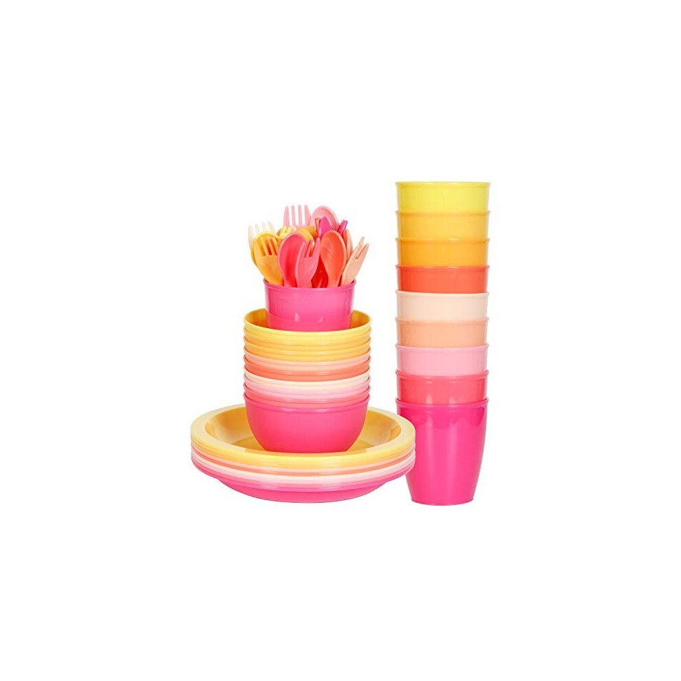 Youngever 54 pcs Plastic Kids Tableware, Re-usable Toddler Dinnerware Set, Dining Set, Cups, Kids Plates, Kids Bowls, Flatware Set, Kids Dishes S