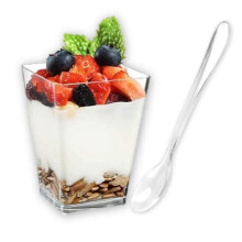 SABR 23 Dessert Cups + 23 Spoons (60ml/5.5oz) - Clear Reusable Appetiser Parfait Cup - Party Cheesecake pots Mousse Trifle Bowl Dessert Bowl Tabl