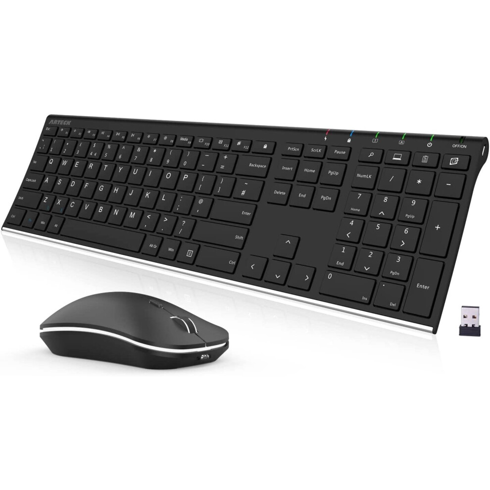 Arteck 2.4G Wireless Keyboard and Mouse Combo Stainless Steel Ultra Slim Full Size Keyboard Keyboard and Ergonomic Mice for Computer Desktop PC Laptop