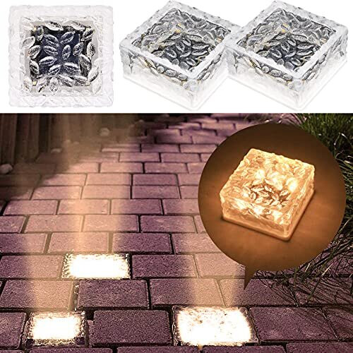 MEDOYOH 2 Pack Warmwhite Light Glass Brick Solar Light, 6 LED Beads Ice