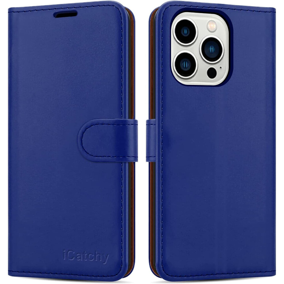 (Blue) Iphone 14 Pro (6.1) Case Leather Wallet Book Stand View Blue 5056298013814