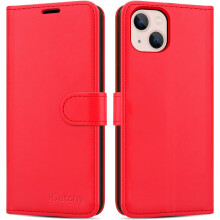 (Red) iPhone 14 (6.1)Case Leather Wallet Book Stand view