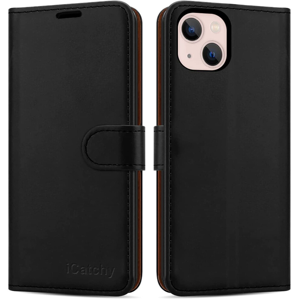 (Black) Iphone 14 (6.1)Case Leather Wallet Book Stand View Black 5056298013746