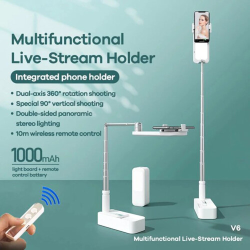 Portable Phone Holder with Wireless Dimmable LED Fill Light, 360 Rotatable, Adjustable Height, 1000mAh Battery, Bluetooth Remote 1
