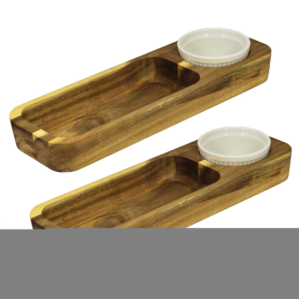 PACK OF 2 WOODEN SERVING DIP BOWL & TRAY FOR NACHOS, TAPAS, SNACKS WITH BOWL