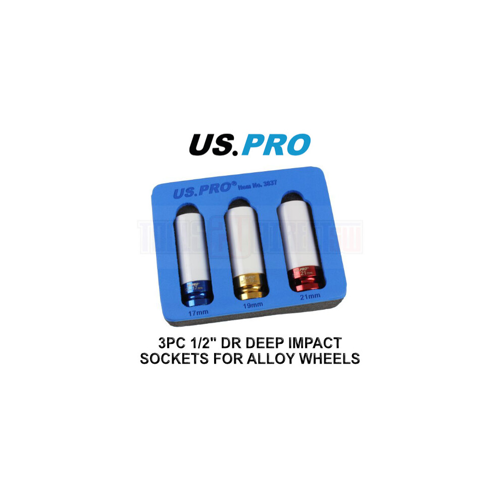 Us Pro Tools 3Pc 1/2" Dr Alloy Wheel Impact Sockets 17, 19, 21Mm 3837