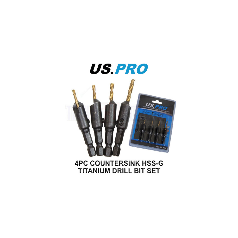 US PRO Tools 4pc Drill and Countersink Bit Set Quick Change HSS-G Titanium Coated 7126