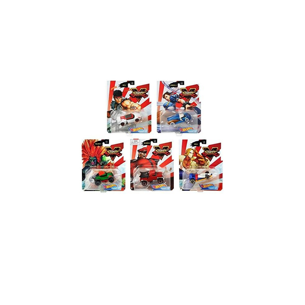 Hot Wheels Character Cars Street Fighter V Diecast - Ryu, Chun-Li, Blanka, M.Bison & Vega - Complete Set of All 5