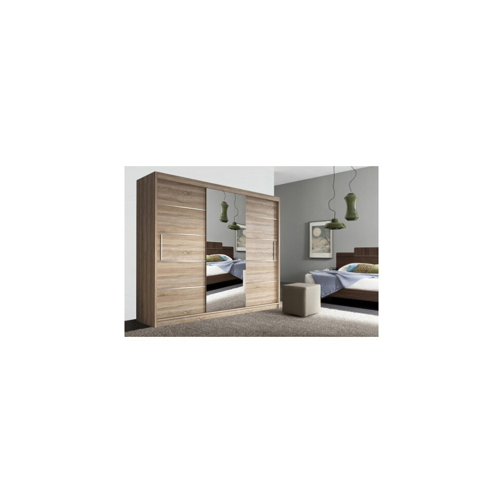 (250cm, Oak) LYON Double Sliding Mirrored Wardrobe Cabinet with LED Light