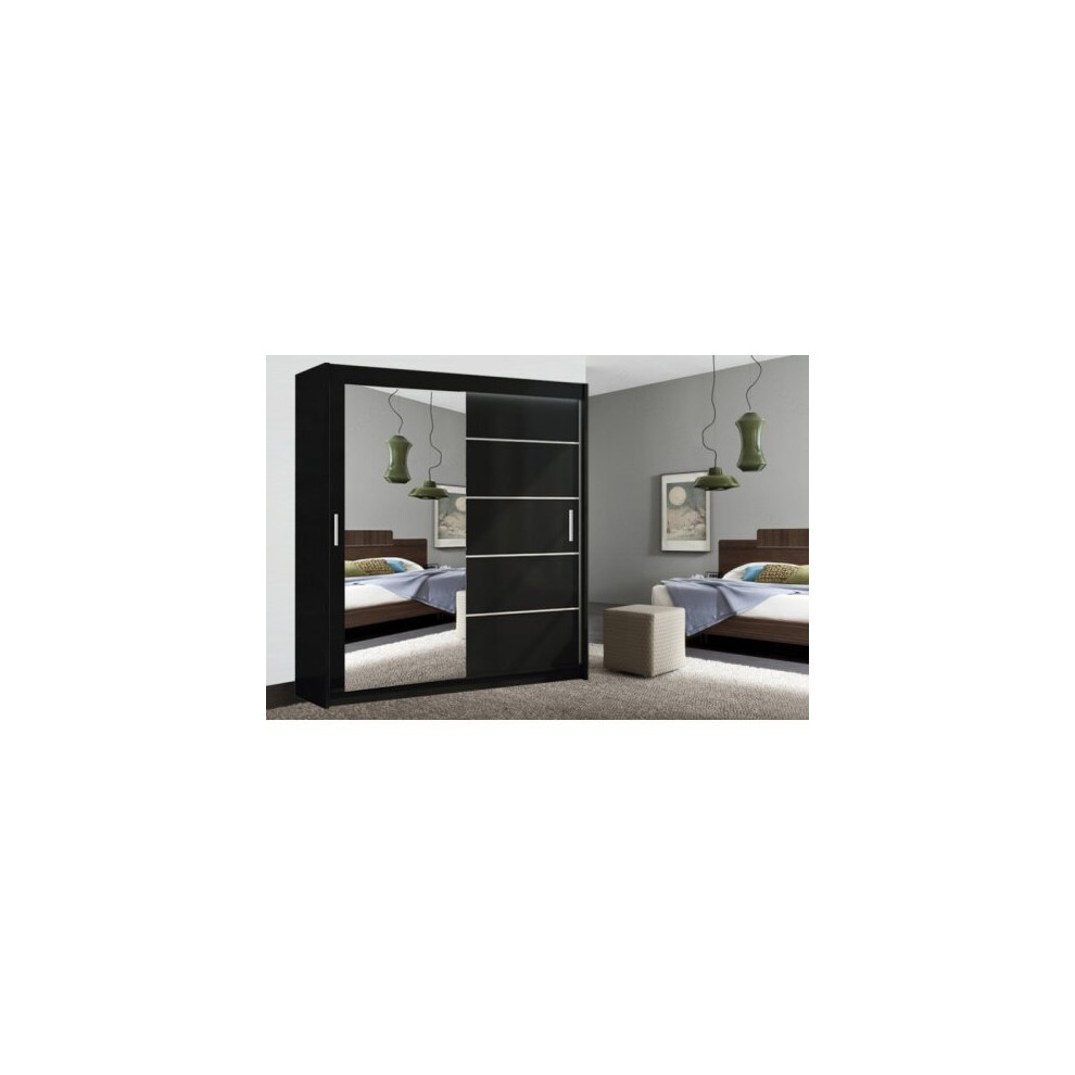 (120cm, Black) LYON Double Sliding Mirrored Wardrobe Cabinet with LED Light